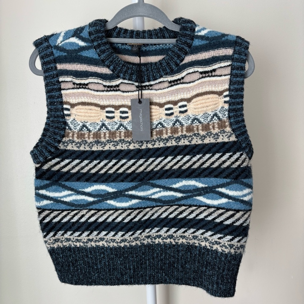 Magaschoni Blue and Cream Patterned Sweater Vest